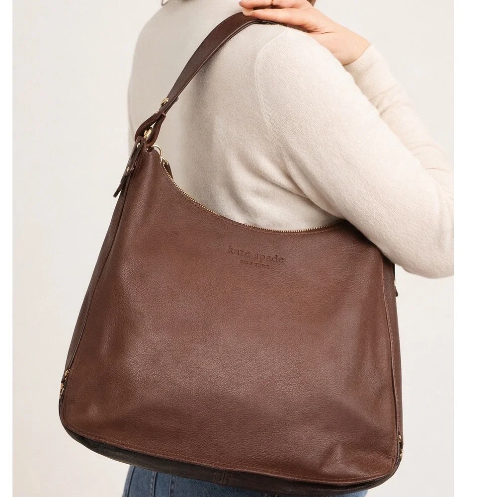 Kate Spade New York Leather Hobo Shoulder Bag Purse Brown Gold Tone Hardware‎